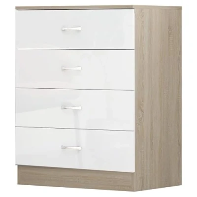 Image of High Gloss 4 Drawer Chest Height 68.5 cm x Width 60 Depth 40 (White On Sonoma Oak Frame)