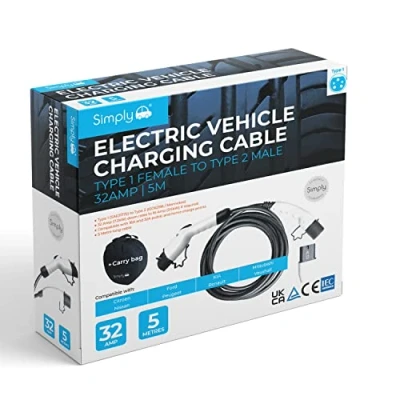 Image of Simply Auto EV001 Electric Vehicle Fast Charging, Lightweight, Durable and Flexible Cable Type 1 to 2 32AMP 5m for Citroen, Nissan, Ford, Peugeot, Kia, Renault, Mitsubishi, Vauxhall