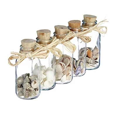 Image of Relaxdays Seashell Bottle Decoration, Set of 5, Maritime Bathroom Decor, Mini Jars, Natural