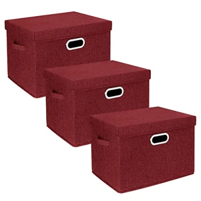 Image of TYEERS Large Storage Box with Lid, Collapsible, Washable, Fabric for Clothes, Wardrobe Storage, 44x30x29 cm, Set of 3, Red Wine
