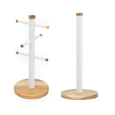 Image of Salter Toronto Mug Tree &amp; Kitchen Roll Holder Acacia Wood Countertop Stand, 6 Brand Display for Coffee Mugs, Freestanding, Storage, Worktop Organiser, White