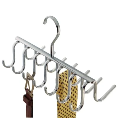 Image of iDesign Axis Tie Rack, Metal and Belt Hanger with 14 Storage Hooks, Chrome Coloured