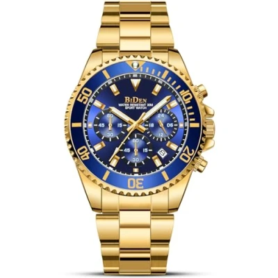 Image of Mens Watches Men Designer Chronograph Military Waterproof Analogue Quartz Watch Stainless Steel Wrist Fashion Large Date for Gold Blue