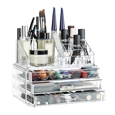 Image of Relaxdays Small Organizer, 2 Piece Cosmetics Storage with Drawers, Stackable Makeup Shelf, Transparent, 14 x 23.5 19 cm
