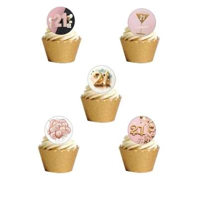 Image of 24 Pre Cut Round Edible Wafer Paper Happy 21st Twenty One Birthday Girl Themed Cake Toppers Decorations
