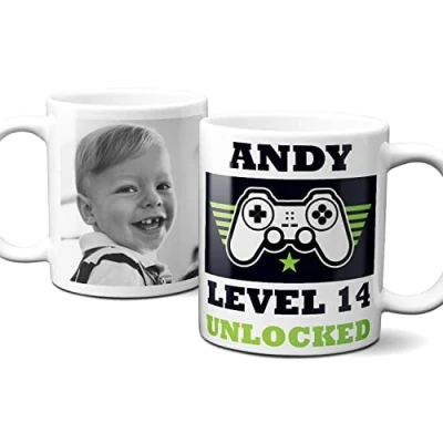 Image of Thoughtful Gifts 14th Mug for Gamer Level 14 Personalised Cup Birthday Photo Gift Boys Fast Delivery Add Name and Message