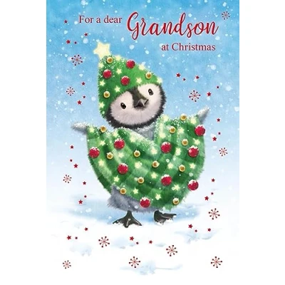 Image of Nigel Quiney Dear Grandson Christmas Card Tree Penguin with a Foil Finish Eco Friendly and Recyclable