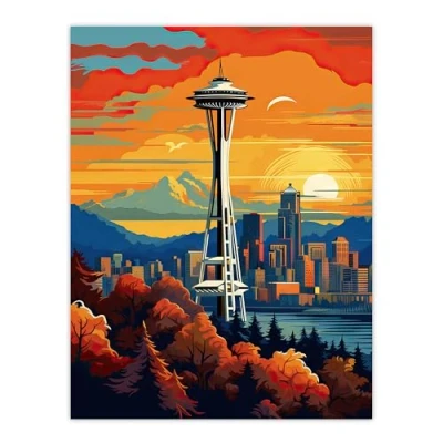 Image of Artery8 Seattle Washington The Space Needle Funky Modern Painting Large Wall Art Poster Print Thick Paper 18X24 Inch
