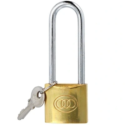 Image of Tri Circle 38mm Solid Brass Long Shackle Padlock &amp; 3 Keys Outdoor Hasp Staple Garage Shed Door Gate Lock