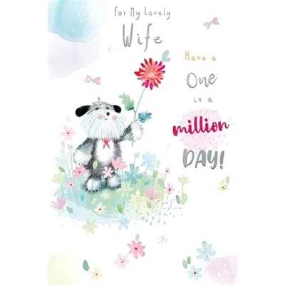 Image of Wife Birthday Card Lovely Special Finishes Artistic Floral Dog Design Illustrated Insert Leaf Made in the UK Eco Friendly