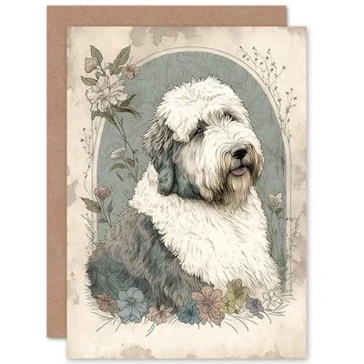 Image of Artery8 English Sheepdog with Flower Blooms Boho Portrait Watercolour Illustration Art Birthday Sealed Greeting Card Plus Envelope Blank inside
