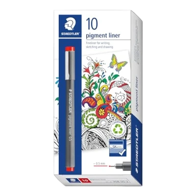Image of Staedtler 308 05 2 VE Pigment Liner (Fineliner with Ink, Waterproof, Lightfast, Permanent, Line Width 0.5 mm, Case 10 Liners) Red