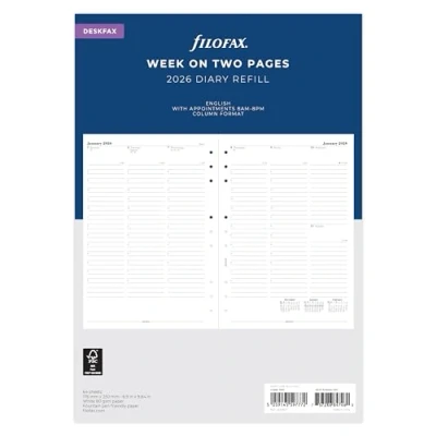 Image of Filofax Deskfax week on two pages with appointments English 2026 diary 26 68612