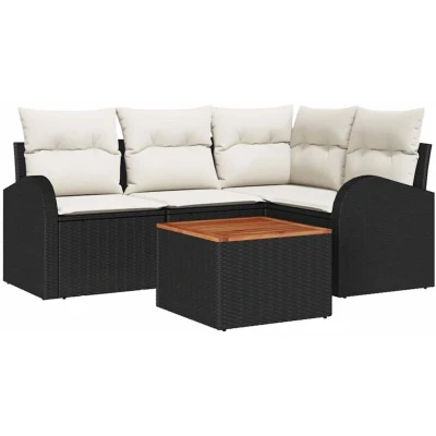 Image of vidaXL 5 Piece Garden Sofa Set with Cushions Black Poly Rattan Acacia