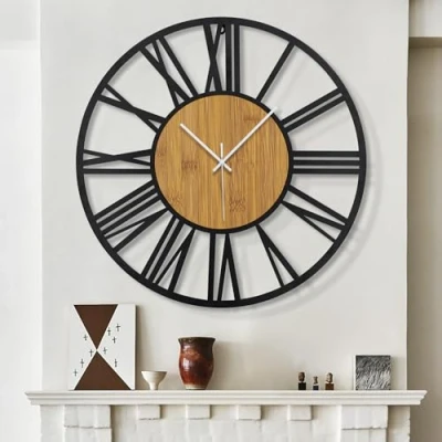 Image of HAITANG Large Wall Clocks,Silent,Non Ticking,Battery Operated Big Retro Round Modern Wood Clock for Living Room, Bedroom,Dinning Room,Farmhouse,Office,Home Decor 20IN(50cm, Black,Roman numeral)
