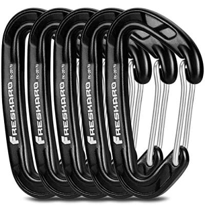 Image of FresKaro 5pcs Carabiner Clips, caribeener clip Medium Duty, Small Sturdy Key Keychain Accessory, Spring Snap Wire gate Hook, 8kN 816kg, for Hiking, Camping, Fishing, Not Climbing, Mini Size, Black