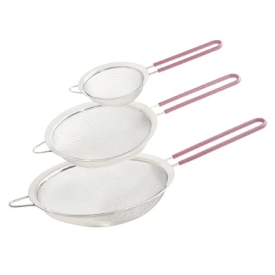 Image of Wiltshire Set of 3 Sieves, Stainless Steel Fine Wire Mesh Strainer with Non Slip Silicone Coated Handle, Colander &amp; Sifter, Sift Strain Drain Rinse, 10cm 15cm 20cm, Dishwasher Safe, Studio Pink