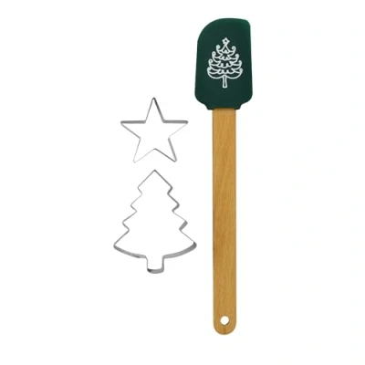 Image of Zenker Christmas Baking Set, Silicone Spatula &amp; 2 Cookie Cutters, Tree Star, Non Stick Scratch with Xmas Motif, Stainless Steel Green Silver Cutters