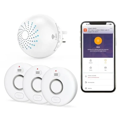 Image of SINGCALL Wi Fi Water Sensor Alarm Leak Detector For Home Spill Kitchens Basements Bathrooms 3 Detectors and 1 Gateway(2.4G Only)