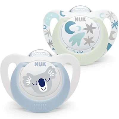 Image of NUK Star Baby Dummy 0 6 Months Day &amp; Night Soothers BPA Free Silicone Blue Koala 2 Count