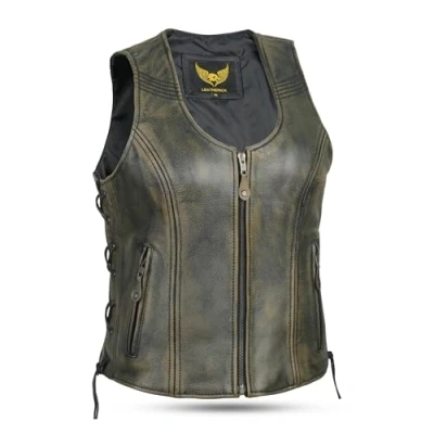 Image of Womens Vintage Leather Waistcoat Distressed Brown Genuine Top Grain Buffalo Sleeveless Jacket/Vest (L) (12)