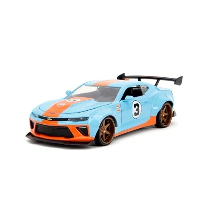 Image of Jada Toys Big Time Muscle 1:24 2016 Chevy Camaro SS Widebody Gulf Die Cast Car, for Kids and Adults(Blue/Orange)