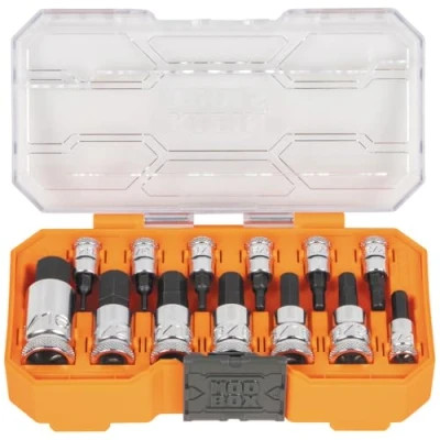 Image of Klein Tools 65213HEX Knurled Hex Bit SAE Socket Set, 1/4, 3/8 and 1/2 Inch Drives, Premium Cr V Steel, Sizes 5/64 to 9/16 Inch, MODbox Case, 13 Piece