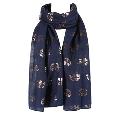 Image of New Ladies Women&#039;s Glitter Celebrity Designer Scarf Women Shawl Wrap By London Scarfs (Gold Foil Elephant Navy Blue)