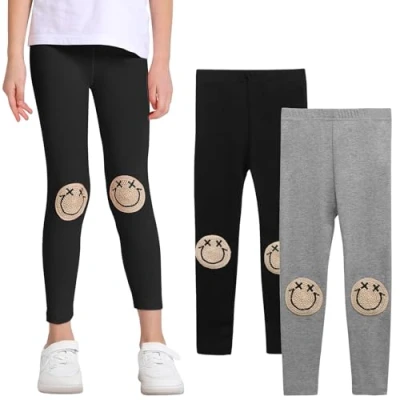 Image of SPFASZEIV Girls Leggings Toddler with Smile Face Pattern Kids Full Length Trousers 2 Pack 5 6 Years (Black+Grey)