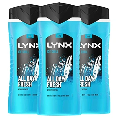 Image of 3 Pack of 500ml Lynx in 1 Ice Chill All Day Fresh with Icy Menthol Body wash Wash, 225ml Plant based Moisturisers Dermatologically Tested, Keep Smelling Irresistible!