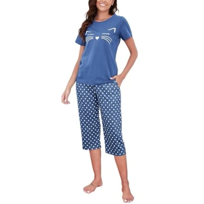 Image of Reliwel Women&#039;s Pyjama Sets Cotton Pyjamas Short Sleeve Top and Cropped Pants with Pockets two Pieces Printed Pj Soft Comfy Nightwear Sleepwear Casual Loungewear S XXL Blue
