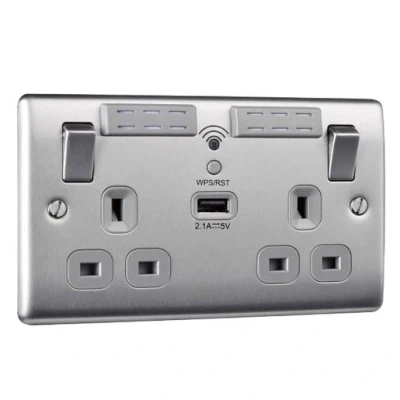Image of BG Electrical Nexus Metal Brushed Steel Double Switched 13A Power Socket with WiFi Extender + USB Charging 1X (2.1A) Grey NBS22UWRG 01