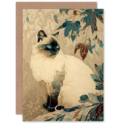 Image of Artery8 Blue Point Ragdoll Cat and Plant Pattern Art Nouveau Modern Illustration Birthday Sealed Greeting Card Plus Envelope Blank inside