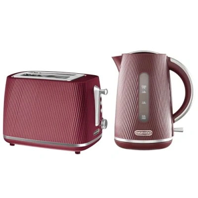 Image of Daewoo Cascade Kettle &amp; Toaster Set 1.7L Rapid Boil Electric 2 Slice Bundle Ruby Ribbed Finish, Adjustable Browning, Reheat Defrost, Removable Crumb Tray, Limescale Filter