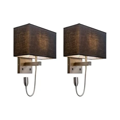 Image of Qazqa Set of 2 Wall Lamp I Lights Steel Nickel Matt Satin with Shade, Reading arm incl. LED Bergamo Modern Light Fabric Suitable for Living Room Kitchen Bedro