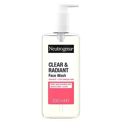 Image of Neutrogena Clear &amp; Radiant Facial Wash (1x 200ml), Clarifying Face for Normal Skin Types, Brightening with Vitamin C and Pink Grapefruit Clearer Complexion
