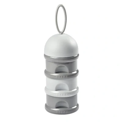 Image of BÉABA Formula Dispenser Storage for Baby Milk Powder Stackable 3 Compartments 100% airtight Long term use as a snack Box Grey