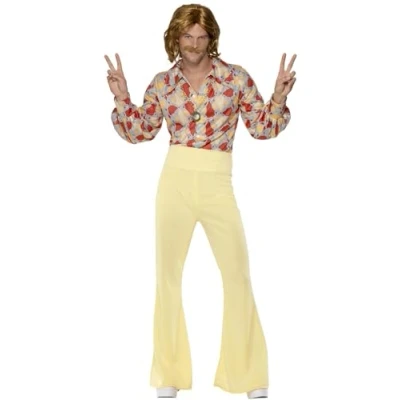 Image of Smiffys 60s Groovy Guy Costume, Patterned with Shirt and High Waisted Flared Trousers, 1960&#039;s Fancy Dress, 1960s Dress Up Costumes