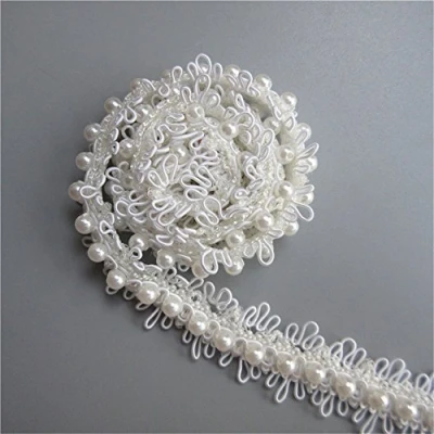 Image of 1 Yard Polyester Pearl Beaded Lace Edge Trim Ribbon Band 2.3cm Width Vintage Style White Edging Trimmings Fabric Embroidered Applique Sewing Craft Wedding Bridal Dress Party Headwear Headdress Clothes