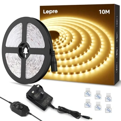 Image of Lepro LED Strip Light Warm White 10M, 2000lm Dimmable Taple, 24V UK Plug in with Dimmer Switch, 3000K Flexible Stick on Lights for Bedroom, Kitchen, Cupboard, Shelf (1 Roll)