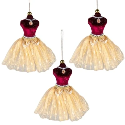 Image of 3Pcs Burgundy and Gold Ballerina Costume Figure 15cm Christmas Tree Hanging Decorations Festive Decorative Ornaments Fairy Tale Themed Xmas Pendant