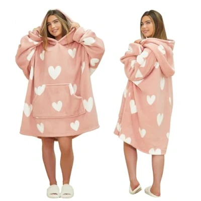 Image of Dreamscene Heart Print Hoodie Blanket Blush, Oversized Women Sherpa Lined Soft Fluffy Warm Snuggle for Girls Comfy Fleece Wearable