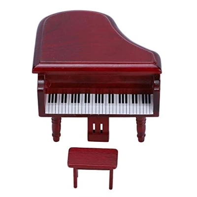 Image of Doll House Piano Set, 1:12 Mini Simulation Wooden Dollhouse Furniture Grand with Stool Model Scene Toy (Red)