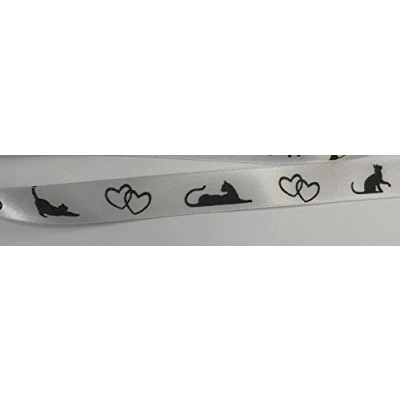Image of Cat and Love Hearts Image 15mm White Satin Ribbon with Black Print 1 Metre Cut from roll