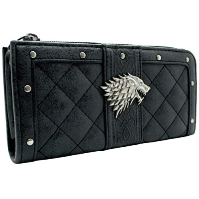 Image of House Stark Game of Thrones Dire Wolf Metal Emblem Purse Clutch Coin Pocket &amp; Card Holder, Grey