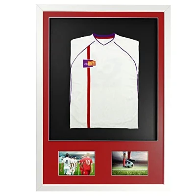 Image of Vivarti DIY Infant 3D Mounted + Double Aperture Sports Shirt Display Frame for Football Shirt, Rugby Band T Shadow Box 50x 70cm Gloss White Frame, Red Mount, Black Backing Card