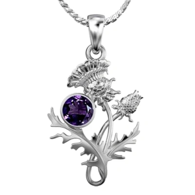 Image of Cairn Small Sterling Silver Scottish Thistle Pendant With Amethyst Ross Necklace. Jewellery Gift Box Included. 6140
