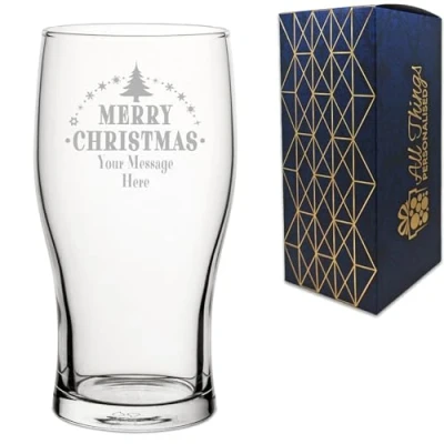 Image of Personalised Engraved Novelty Christmas Pint 20oz Tulip Beer Glass with Merry Tree Design, Customise Any Name or Message, Gift Box Included, Laser