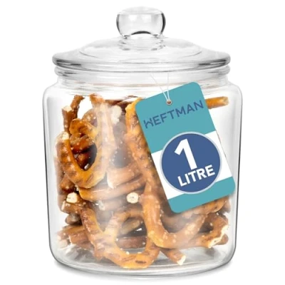 Image of HEFTMAN Glass Jar with Lid 1 Litre Clear, Empty Sweet Jars Airtight Push Top Sturdy Vintage Apothecary Perfect for Sweets, Coffee, Sugar, Laundry Pods Storage Container