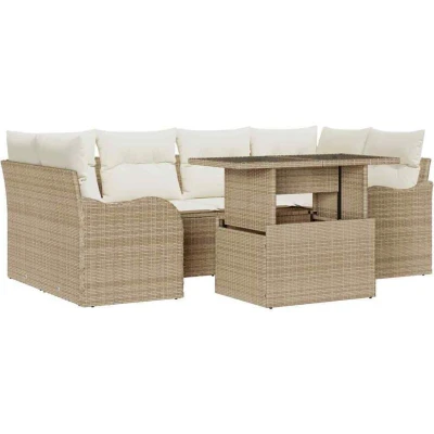 Image of Vidaxl 7 Piece Garden Sofa Set with Cushions Beige Poly Rattan